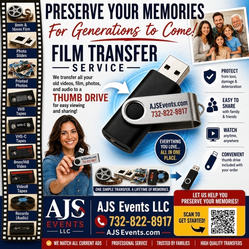 Advertisement for a film transfer service showing a USB thumb drive, film reels, and a smiling woman holding a transfer card, with family photo and bold text about preserving memories.